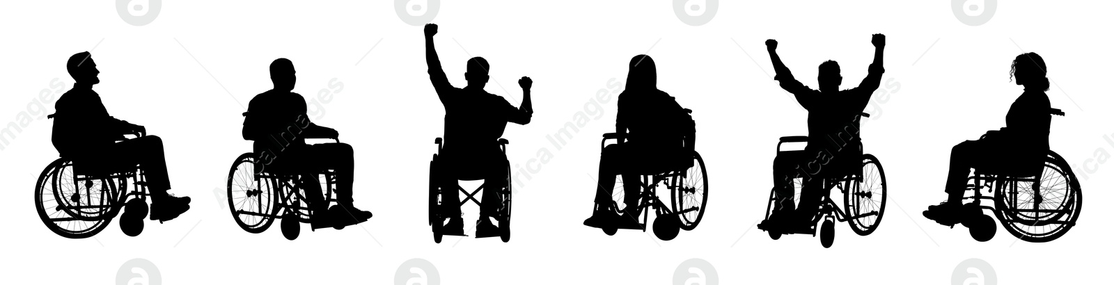 Image of Silhouettes of people in wheelchairs on white background, set