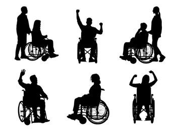 Silhouettes of people in wheelchairs on white background, set