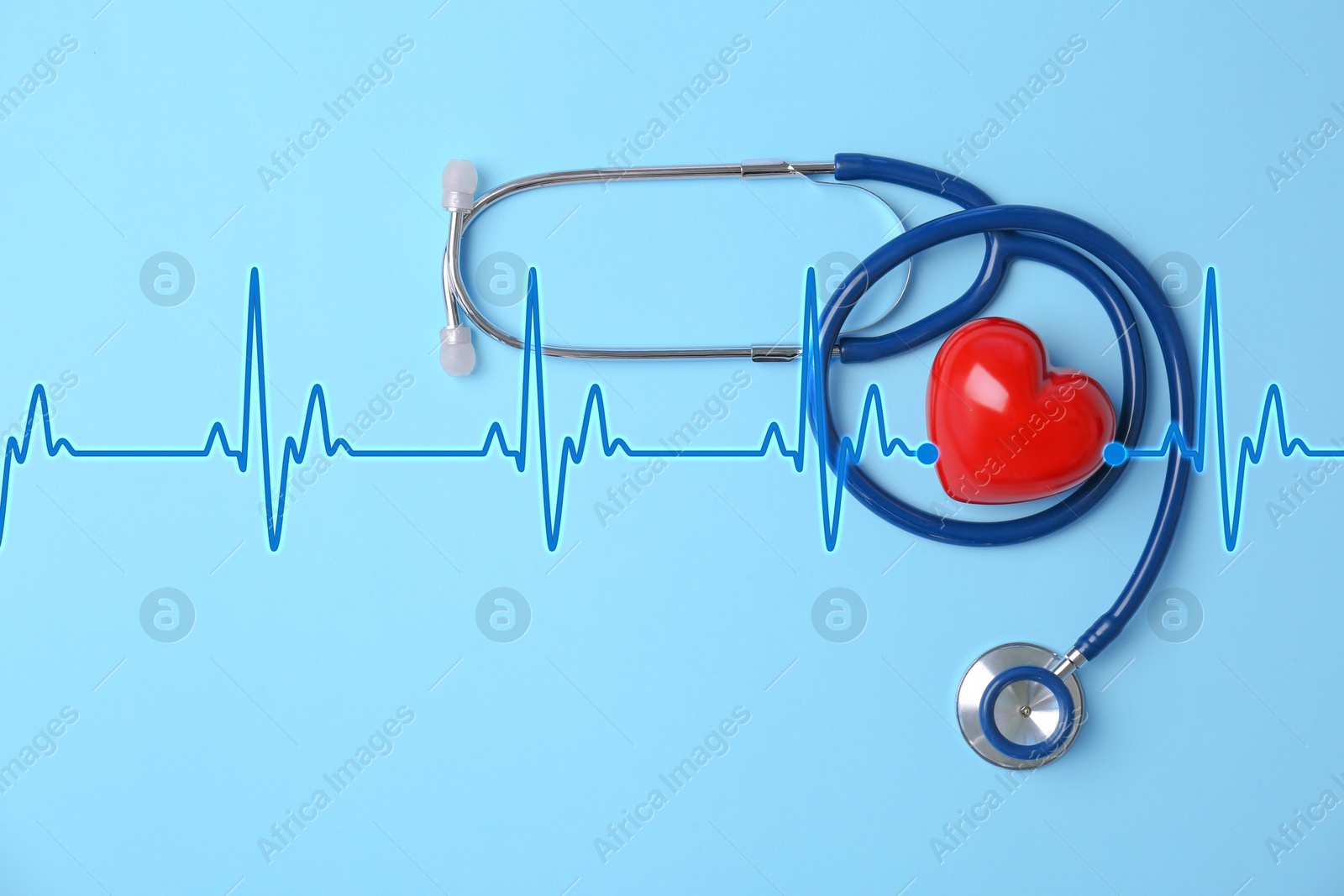 Image of Cardiology. Red decorative heart, stethoscope and heartbeat line on light blue background, top view