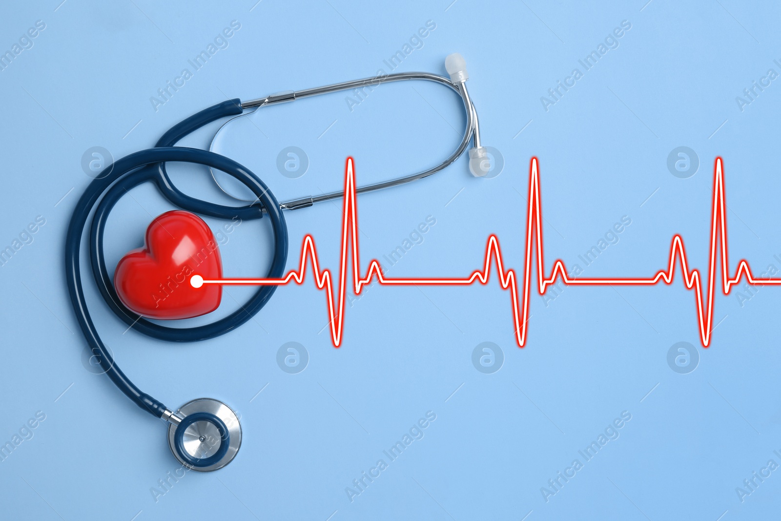 Image of Cardiology. Red decorative heart, stethoscope and heartbeat line on light blue background, top view