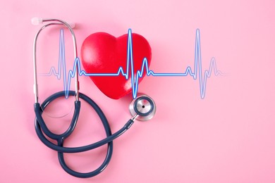 Image of Cardiology. Red decorative heart, stethoscope and blue heartbeat line on pink background, top view