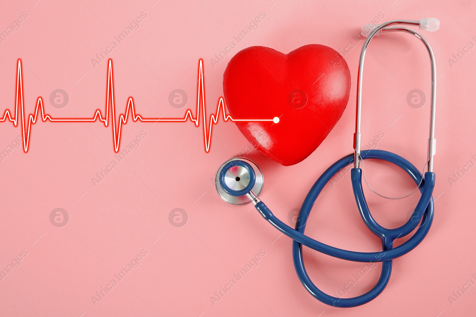 Image of Cardiology. Red decorative heart, stethoscope and red heartbeat line on pink background, top view