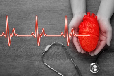 Image of Cardiology. Doctor holding anatomical model of heart on wooden table with stethoscope, toned in black-and-white with color accent. Red heartbeat line