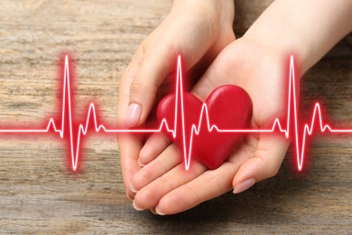 Image of Cardiology. Woman holding red decorative heart on wooden table, closeup. Red heartbeat line