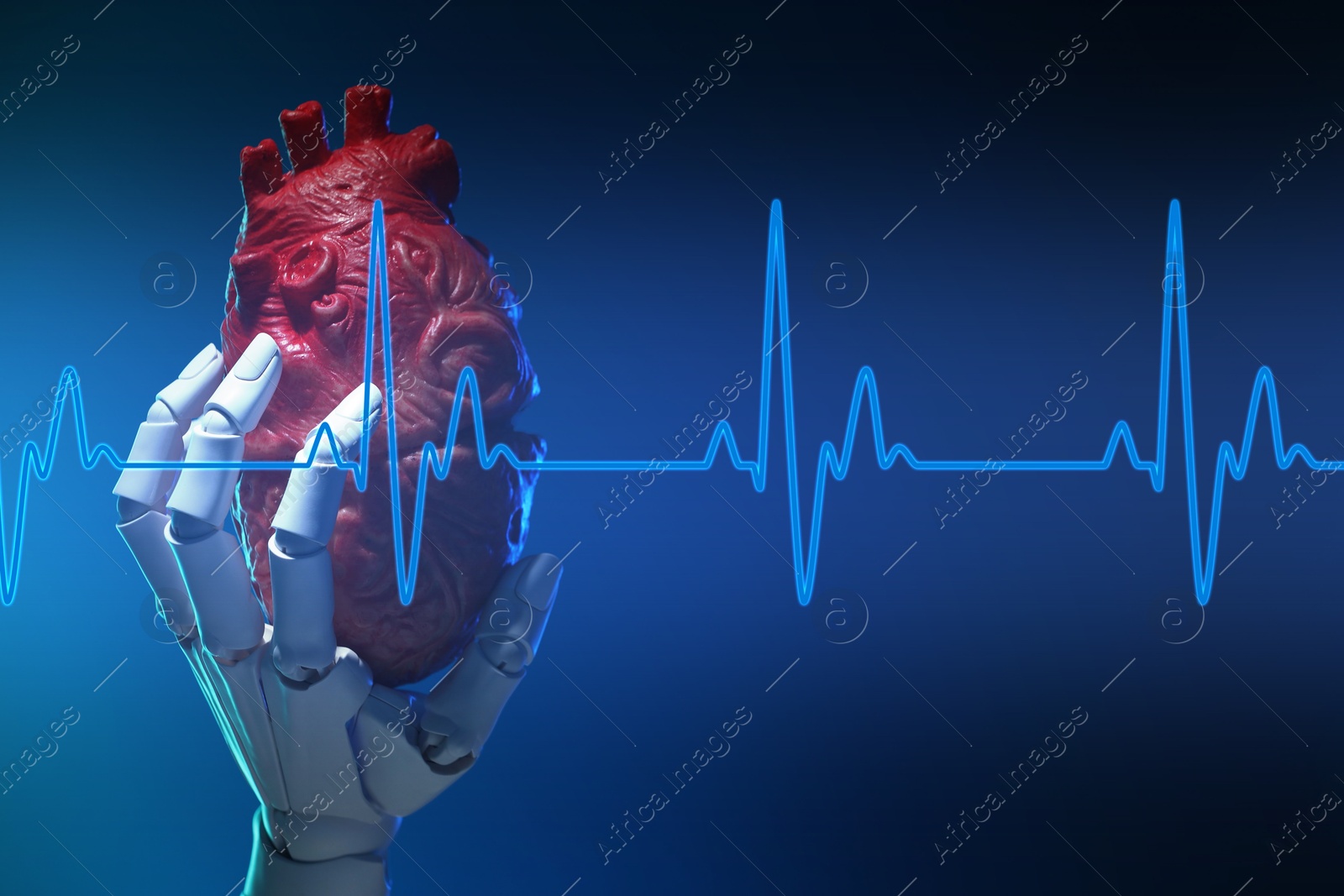 Image of Cardiology. Robot hand holding anatomical model of heart on gradient background. Blue heartbeat line