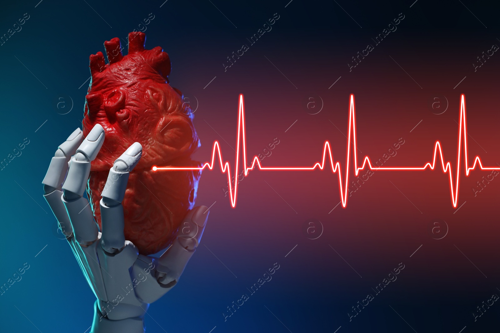 Image of Cardiology. Robot hand holding anatomical model of heart on gradient background. Red heartbeat line