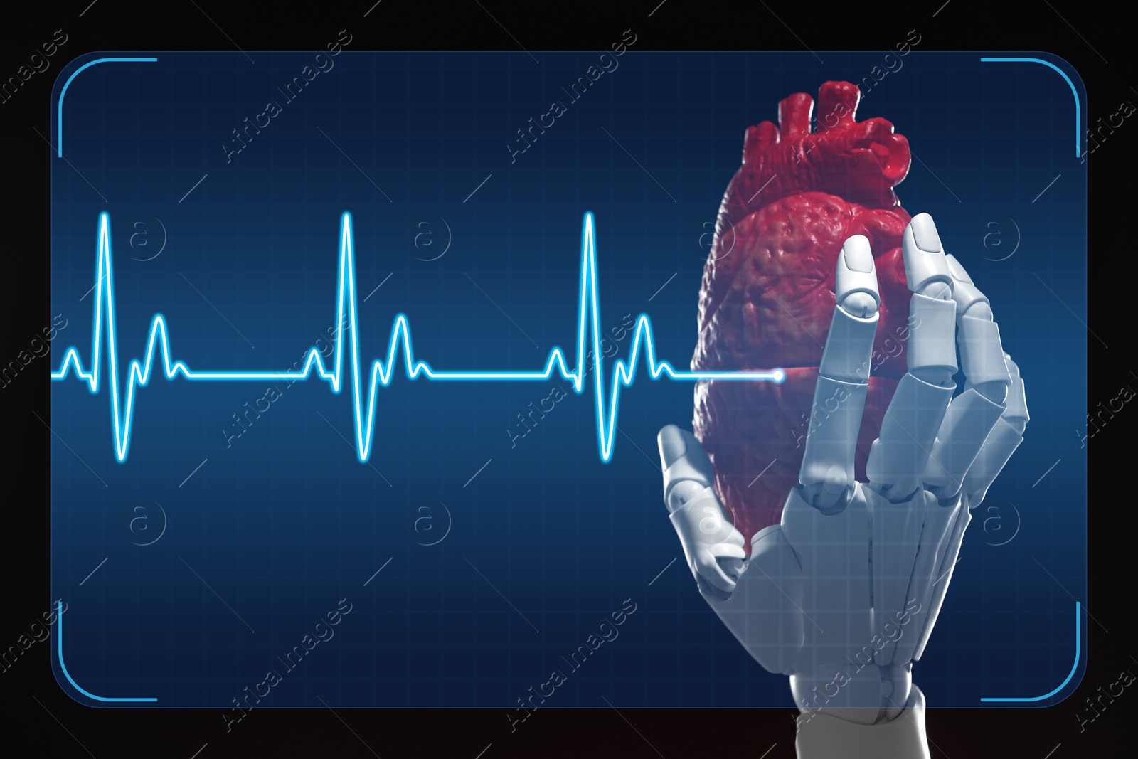 Image of Cardiology. Robot hand holding anatomical model of heart on gradient background. Blue heartbeat line