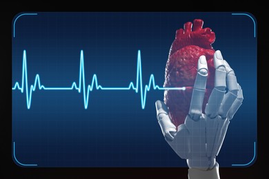 Image of Cardiology. Robot hand holding anatomical model of heart on gradient background. Blue heartbeat line