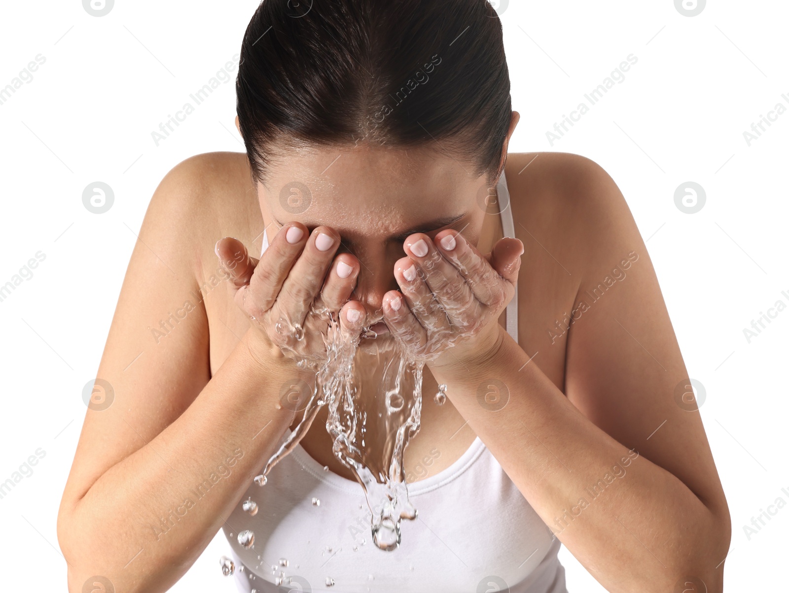 Photo of Woman washing her face on white background