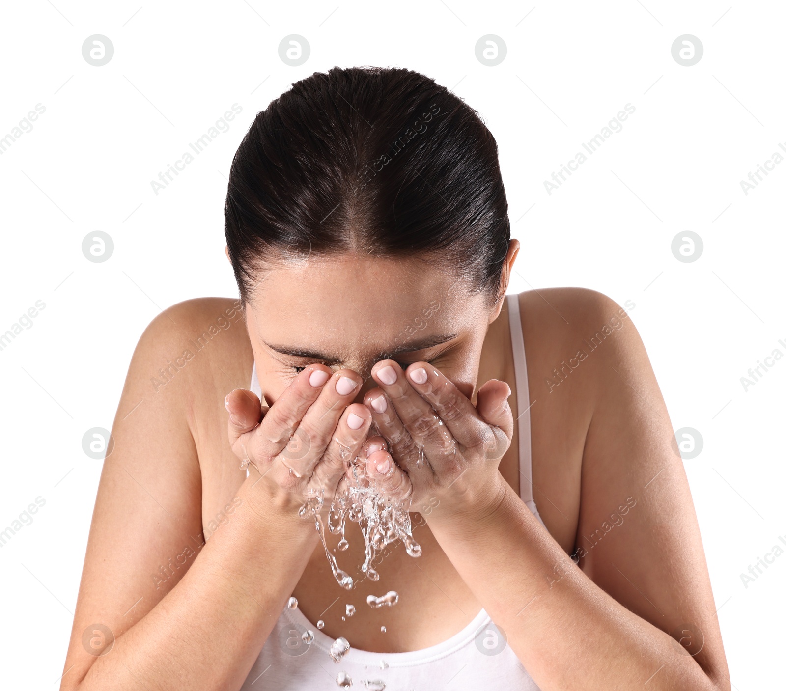 Photo of Woman washing her face on white background