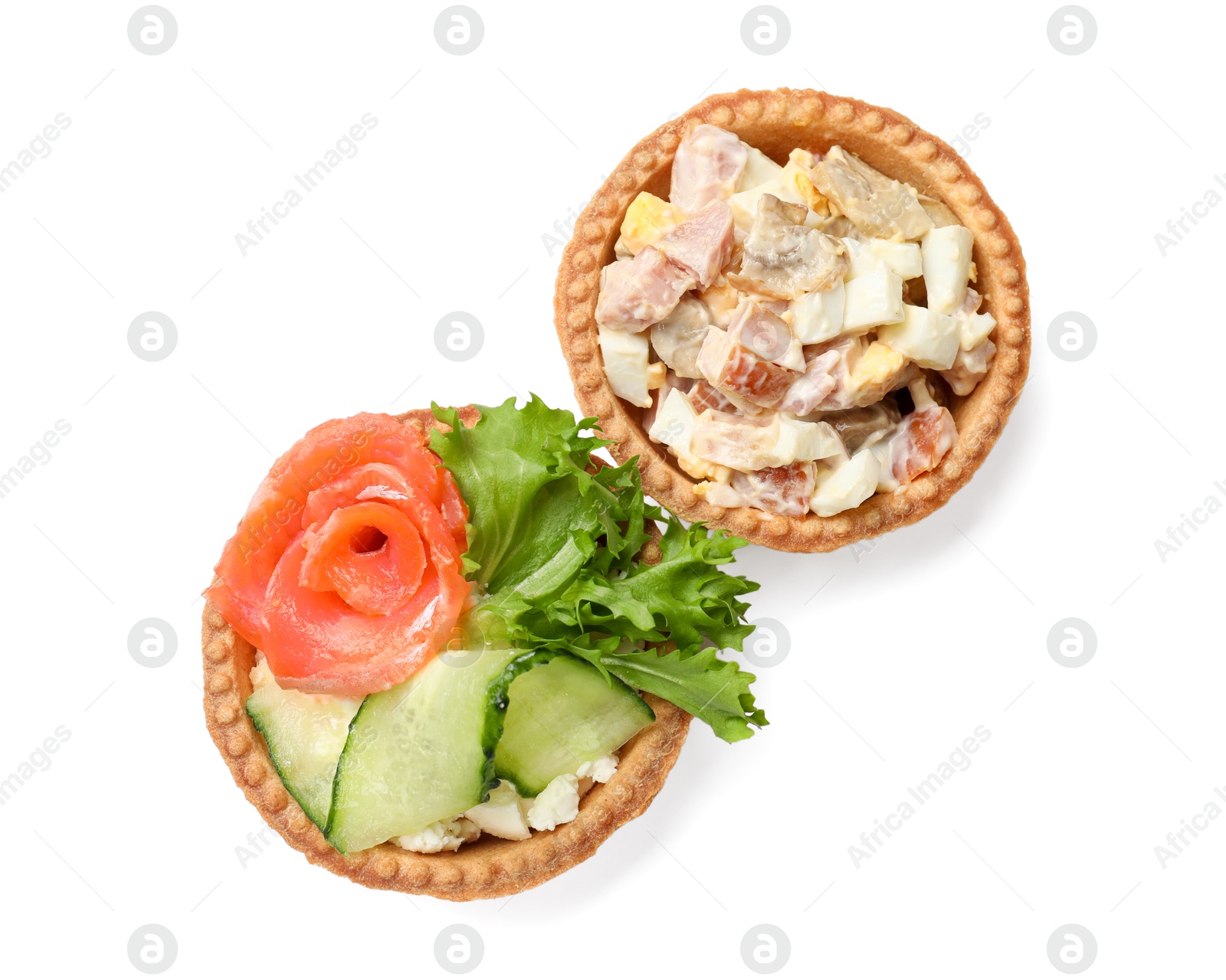 Photo of Tartlets with delicious fillings isolated on white, top view