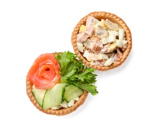 Photo of Tartlets with delicious fillings isolated on white, top view