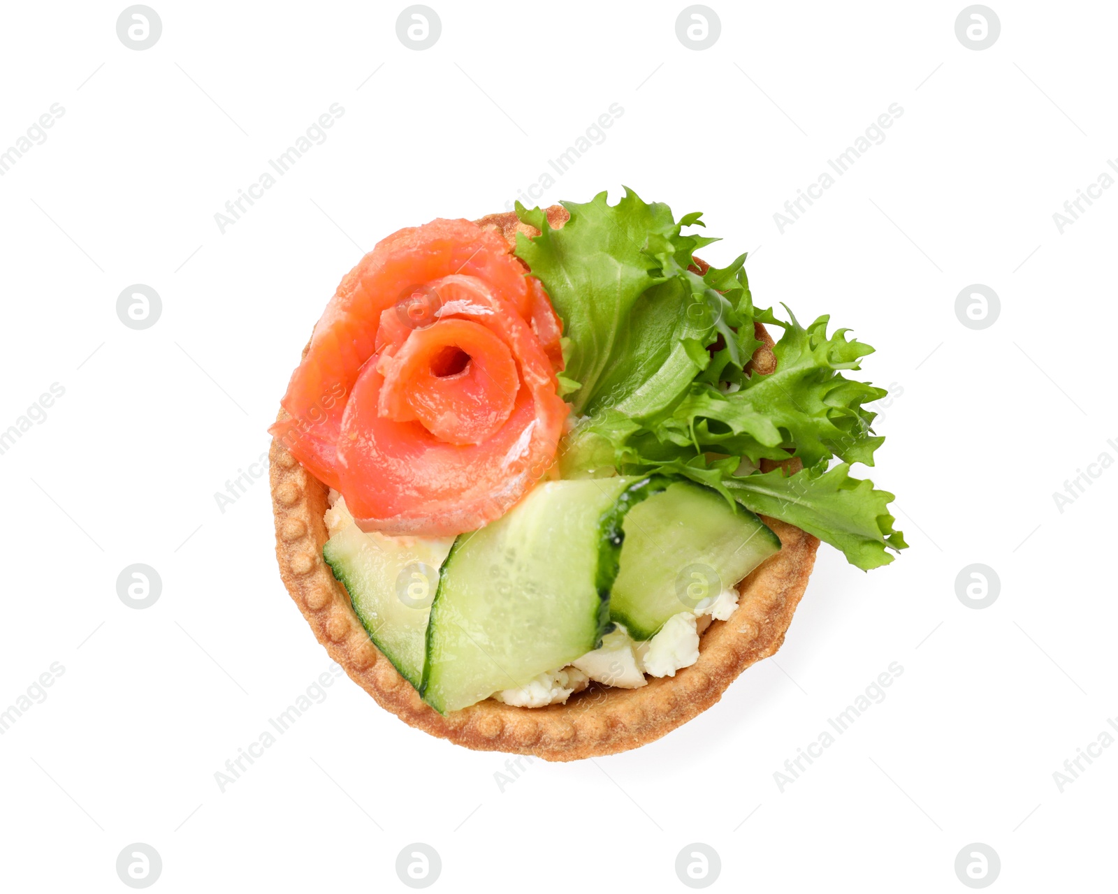 Photo of Delicious tartlet with salmon and cucumber isolated on white, top view