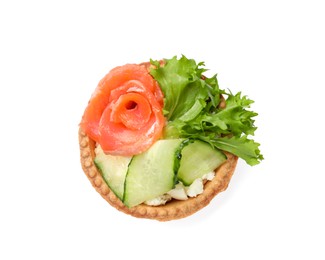 Photo of Delicious tartlet with salmon and cucumber isolated on white, top view