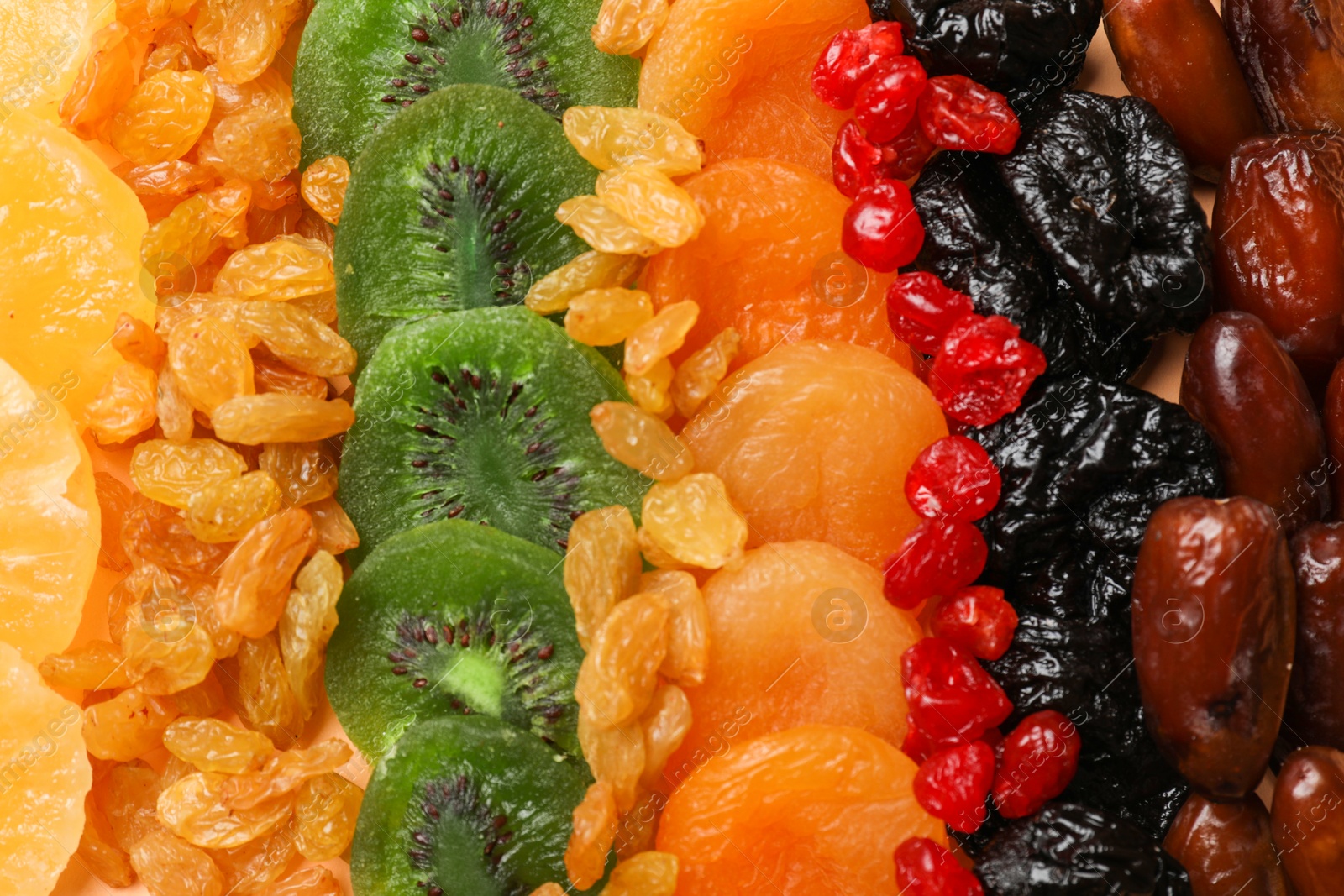 Photo of Different dried fruits as background, top view