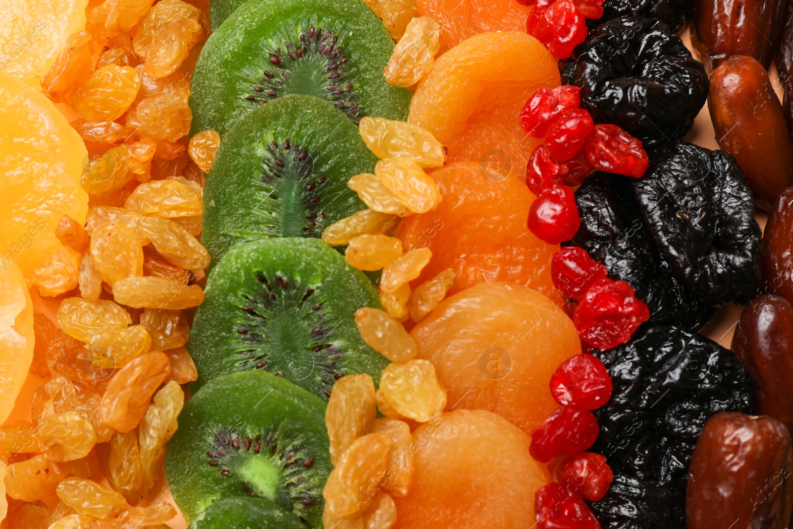 Photo of Different dried fruits as background, top view