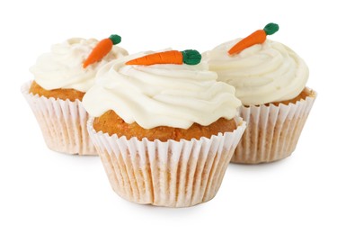 Photo of Delicious carrot cupcakes isolated on white. Yummy dessert