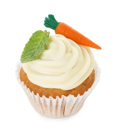 Photo of Delicious carrot cupcake with mint isolated on white