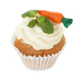 Photo of Delicious carrot cupcake with mint isolated on white