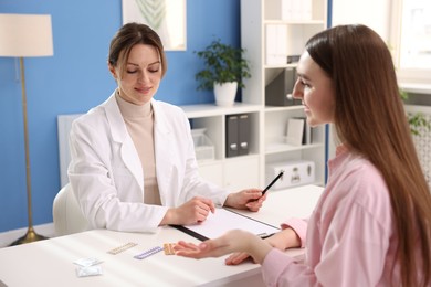 Contraception. Woman having appointment with gynecologist in clinic