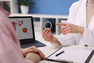 Photo of Contraception. Gynecologist recommending vaginal ring to woman in clinic, closeup