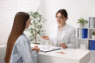 Contraception. Woman having appointment with gynecologist in clinic