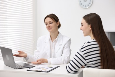 Contraception. Woman having appointment with gynecologist in clinic