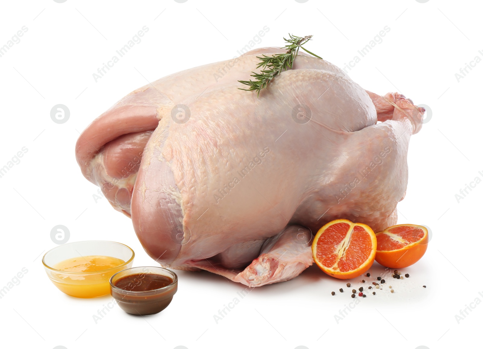 Photo of Whole raw turkey with ingredients isolated on white