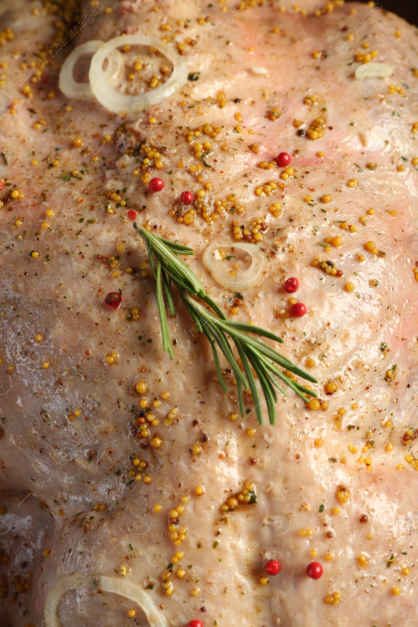 Photo of Raw turkey with rosemary and other spices, closeup