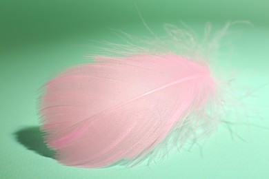 Photo of Fluffy pink feather on light turquoise background, closeup