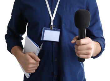 Photo of Journalist with microphone and notebook on white background, closeup