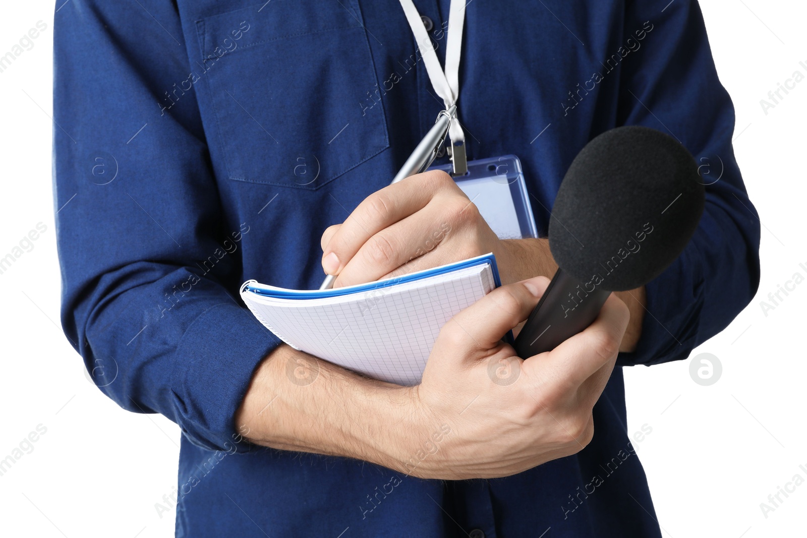 Photo of Journalist with microphone taking notes on white background, closeup