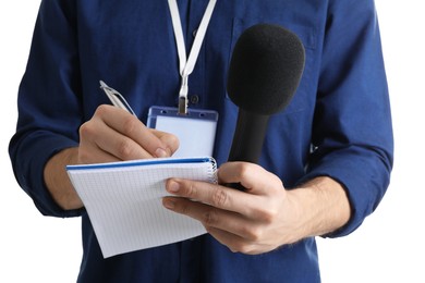 Photo of Journalist with microphone taking notes on white background, closeup