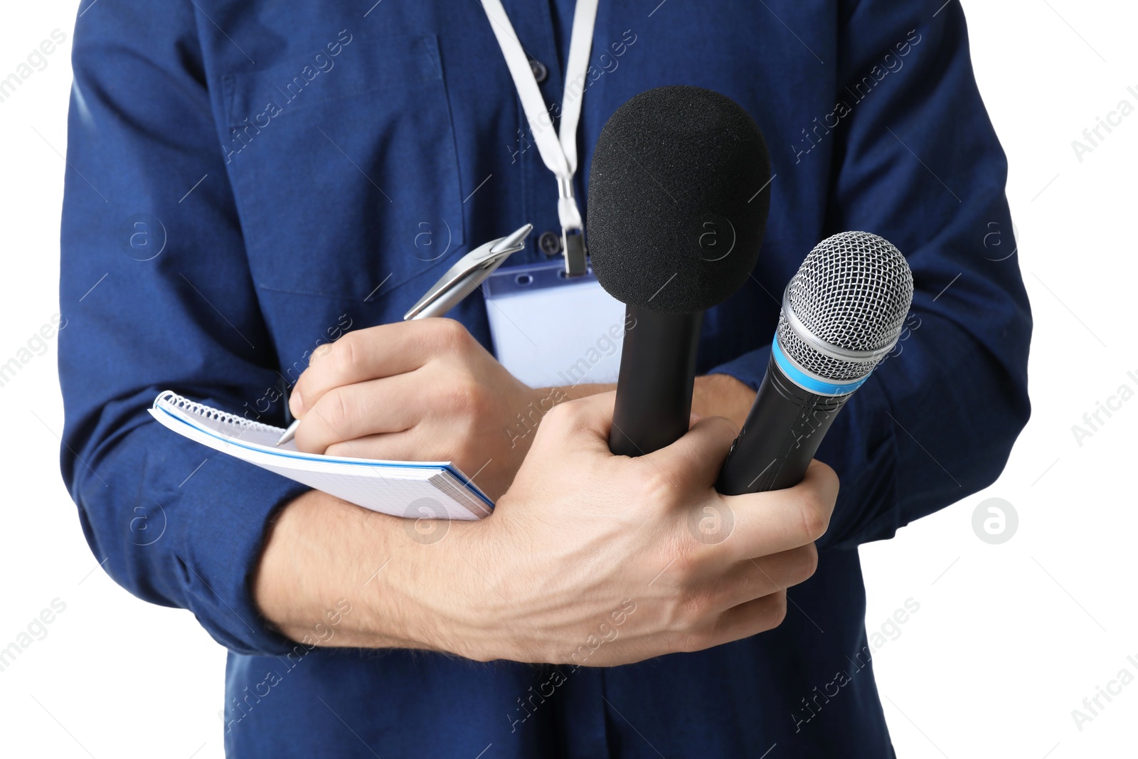 Photo of Journalist with microphones taking notes on white background, closeup