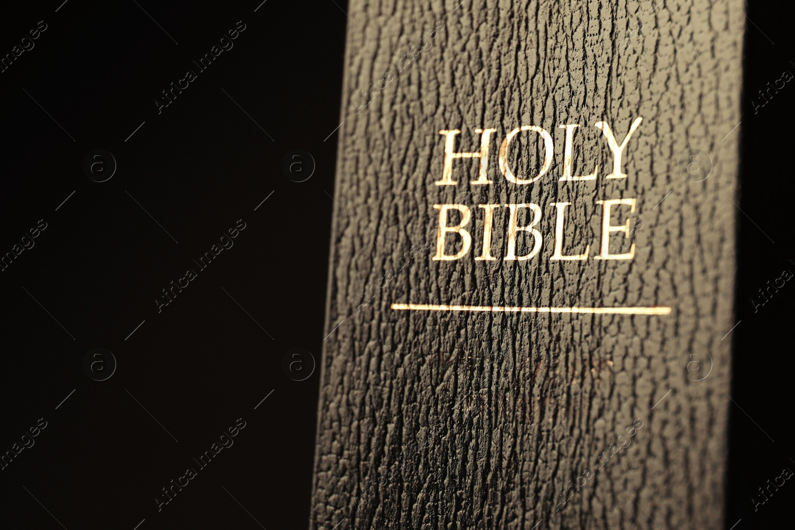 Photo of Hardcover Holy Bible in English language on black background, closeup. Space for text