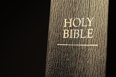 Hardcover Holy Bible in English language on black background, closeup. Space for text