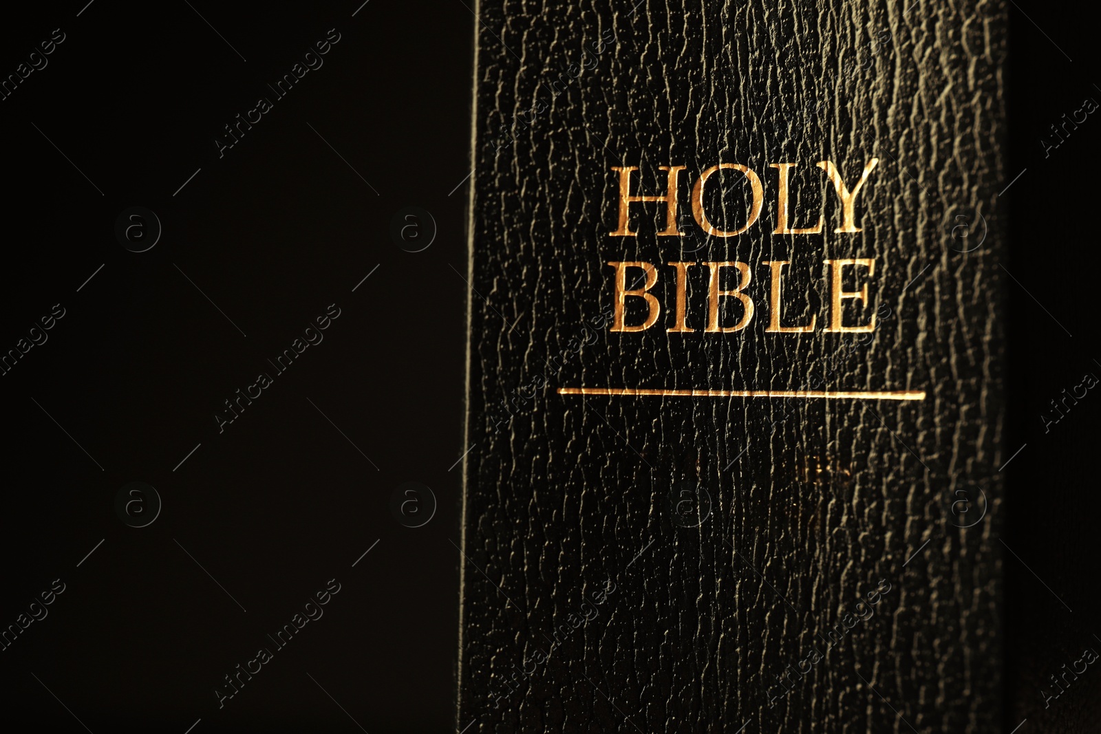 Photo of Hardcover Holy Bible in English language on black background, closeup. Space for text