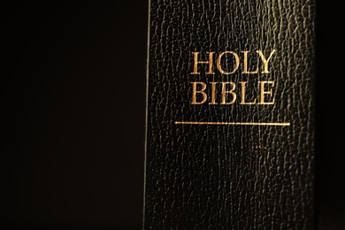 Photo of Hardcover Holy Bible in English language on black background, closeup. Space for text