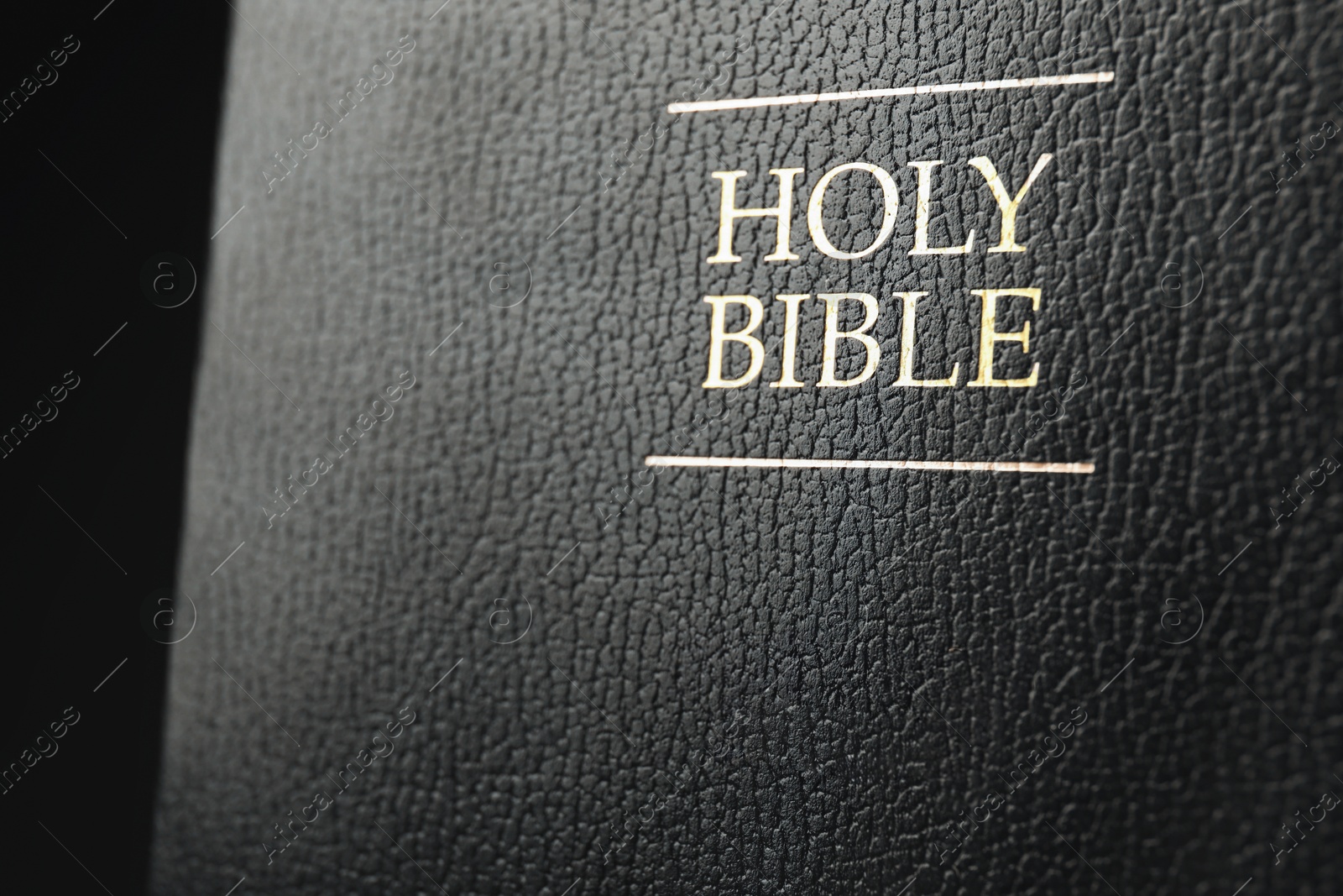 Photo of Hardcover Holy Bible in English language on black background, closeup