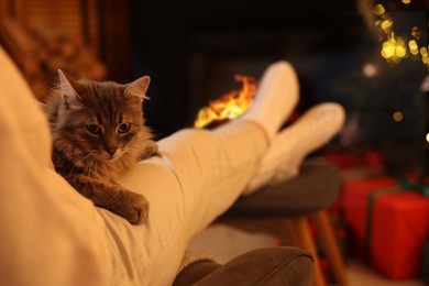 Photo of Woman with cute cat in room decorated for Christmas, closeup. Space for text