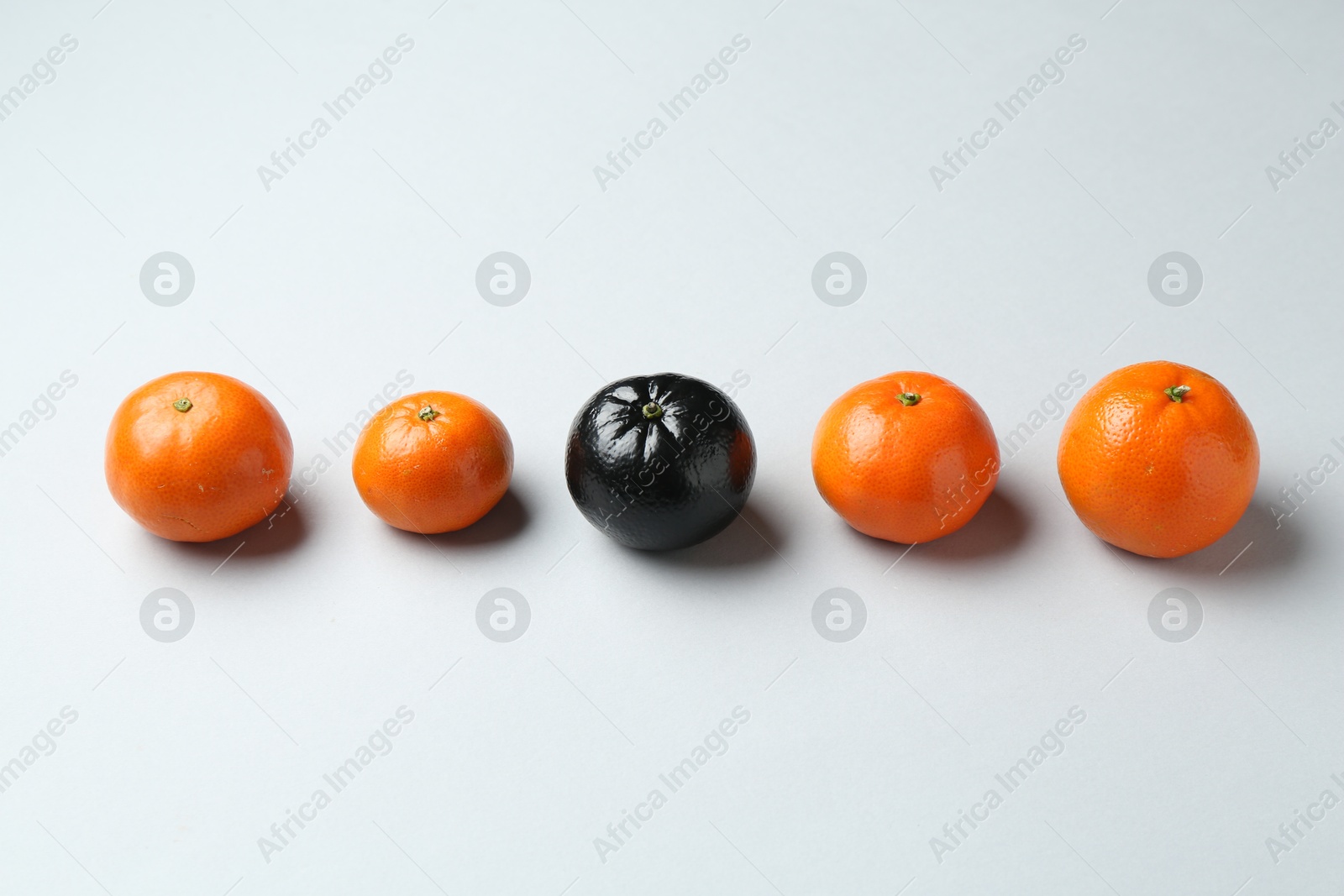 Photo of Stop racism. One black tangerine among orange ones on light background