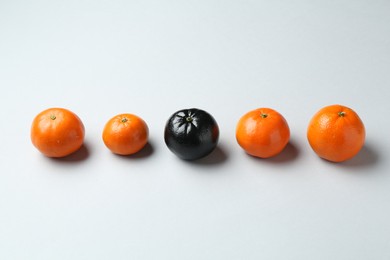 Photo of Stop racism. One black tangerine among orange ones on light background