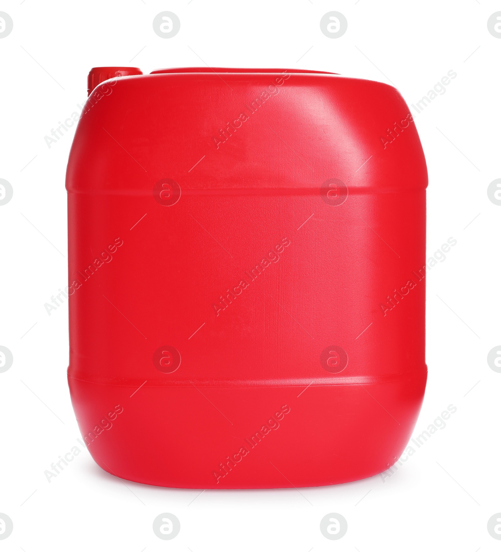 Photo of One red plastic canister on white background