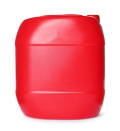 Photo of One red plastic canister on white background