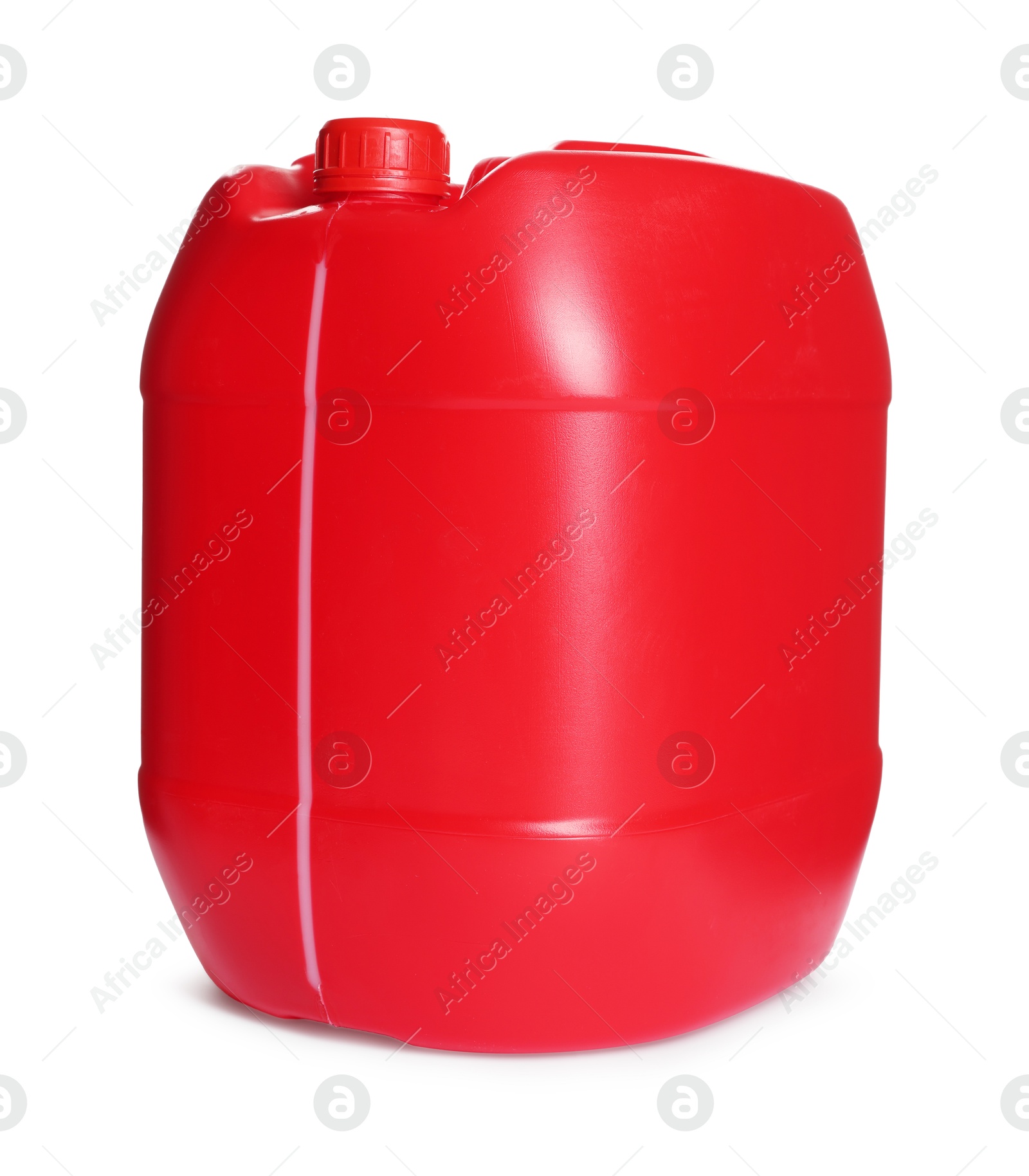 Photo of One red plastic canister on white background