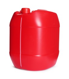 Photo of One red plastic canister on white background