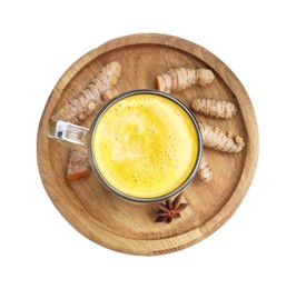 Photo of Delicious turmeric latte in glass cup, roots and anise star isolated on white, top view