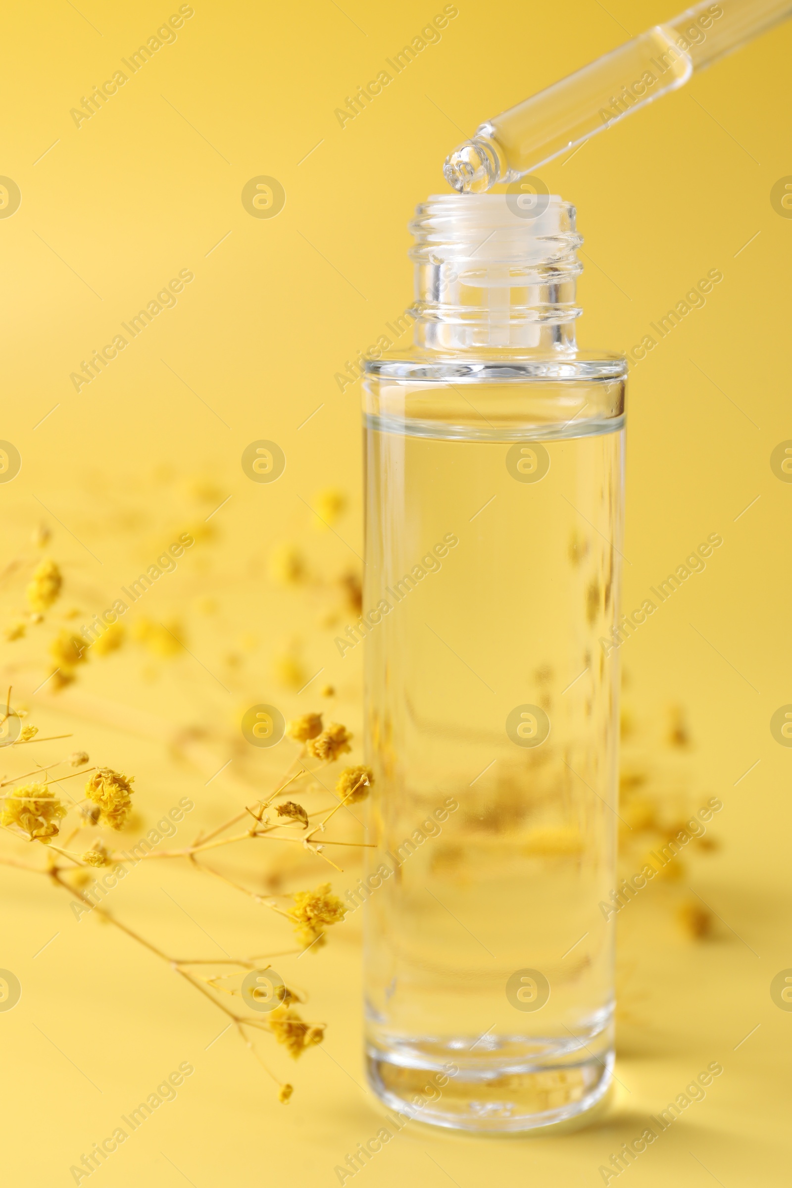 Photo of Dripping serum from pipette into bottle and gypsophila flowers on yellow background, closeup