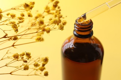 Photo of Dripping serum from pipette into bottle and gypsophila flowers on yellow background, closeup