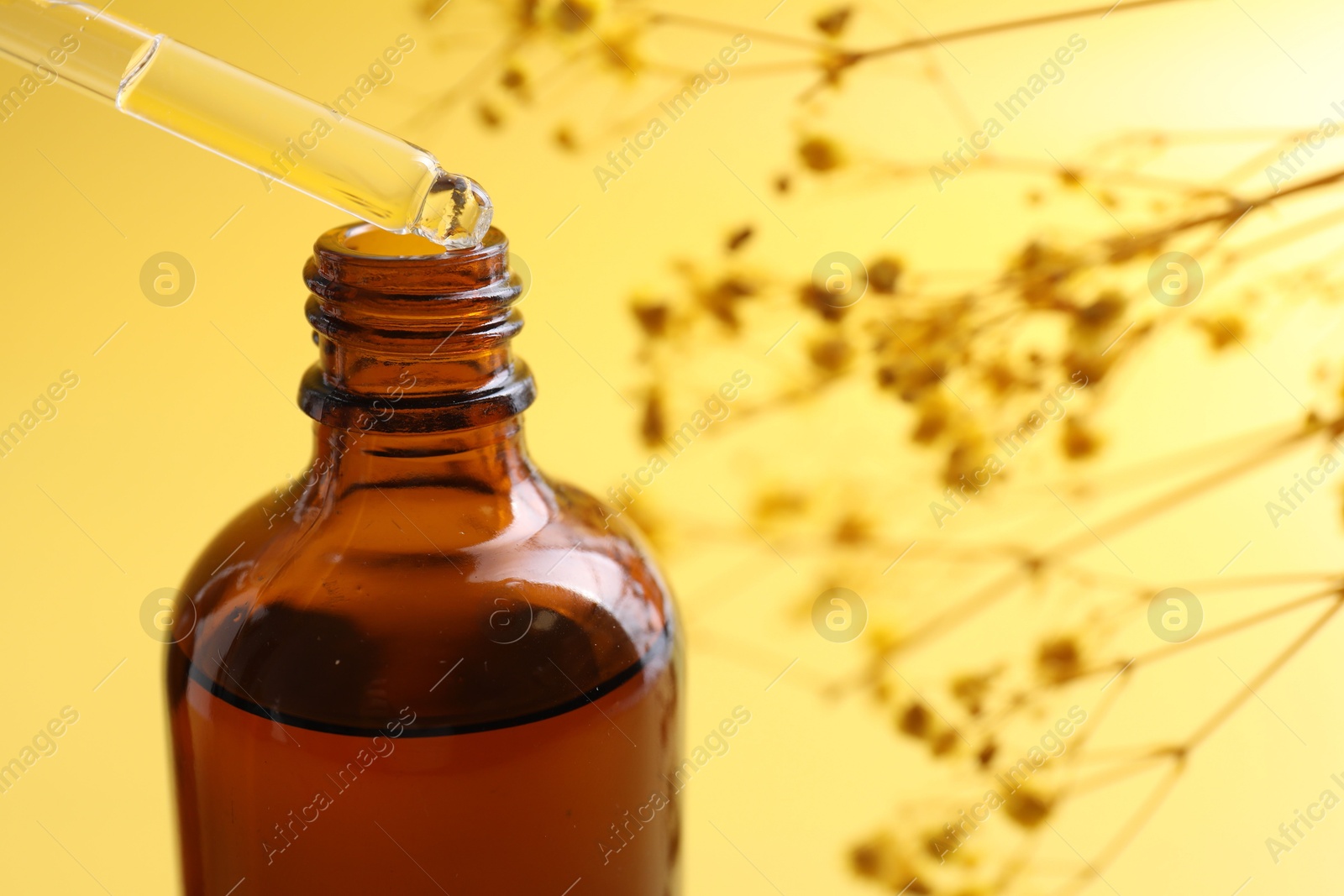 Photo of Dripping serum from pipette into bottle on yellow background, closeup. Space for text